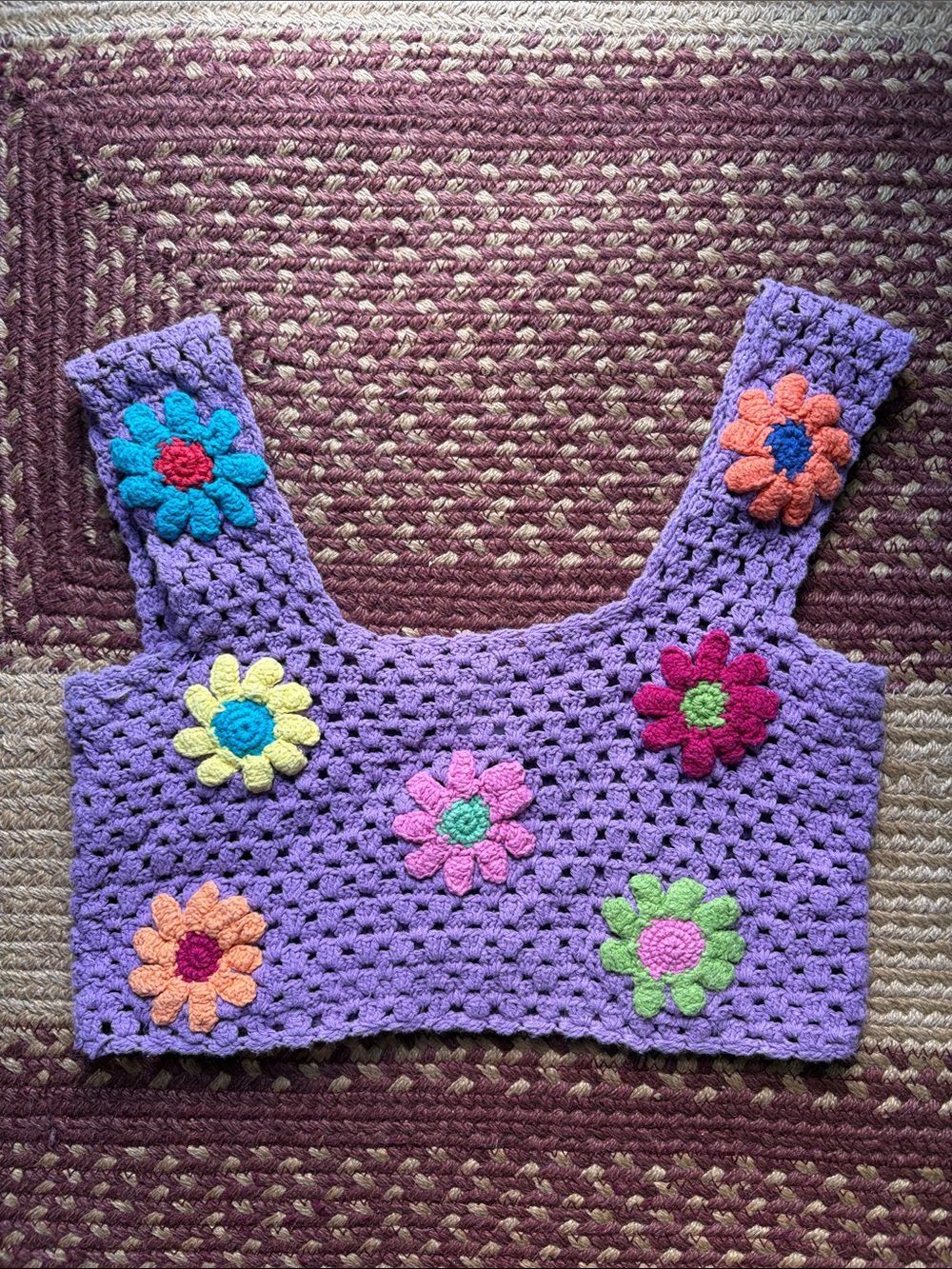 Lavender Crochet Crop Top with Colorful Flower Appliqués